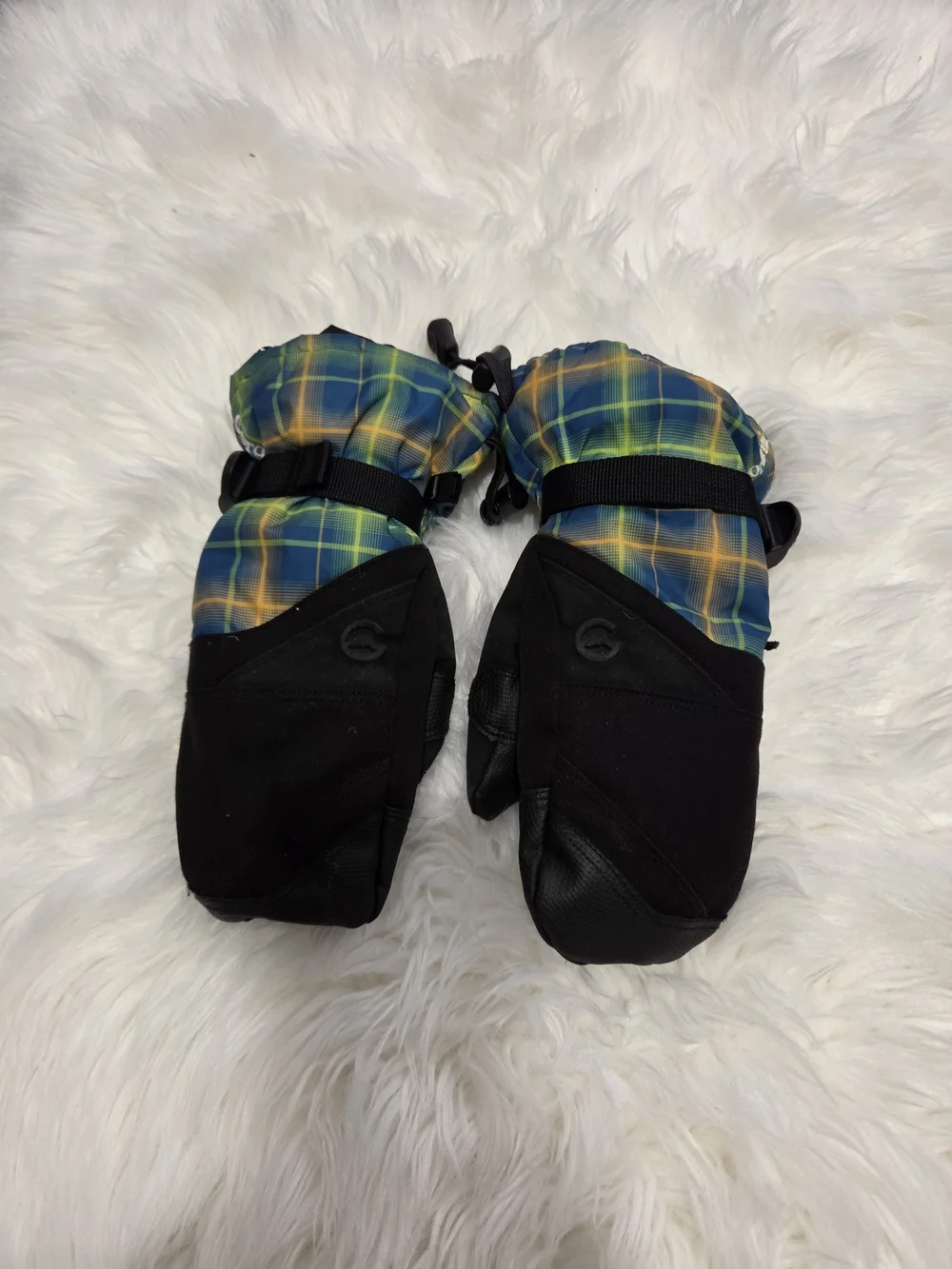 Gordini Plaid Blue & Yellow Ski Mittens with Black Palm